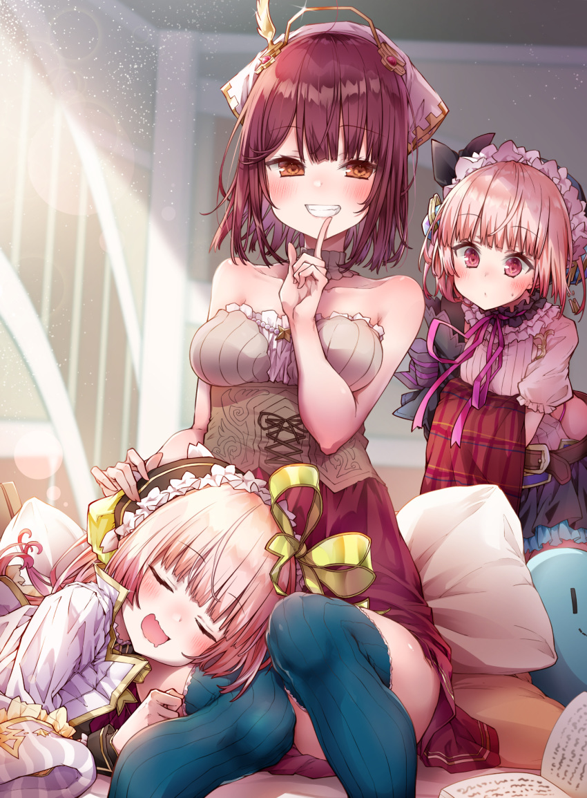 3girls alt_(ctrldel) atelier_(series) atelier_lydie_&_suelle atelier_sophie bare_arms bare_shoulders belt blush book closed_eyes collarbone commentary_request detached_collar drooling finger_to_mouth grin hair_between_eyes hair_ribbon hand_on_another's_head hat headwear_request highres holding holding_clothes index_finger_raised indoors lap_pillow light_particles looking_at_another looking_at_viewer lydie_marlen multiple_girls neck_ribbon orange_eyes pillow pink_hair purple_ribbon red_eyes red_hair red_skirt ribbon shirt short_hair short_sleeves siblings sisters sitting skirt sleeveless sleeveless_shirt smile sophie_neuenmuller strapless strapless_shirt suelle_marlen thighhighs twins white_shirt yellow_ribbon