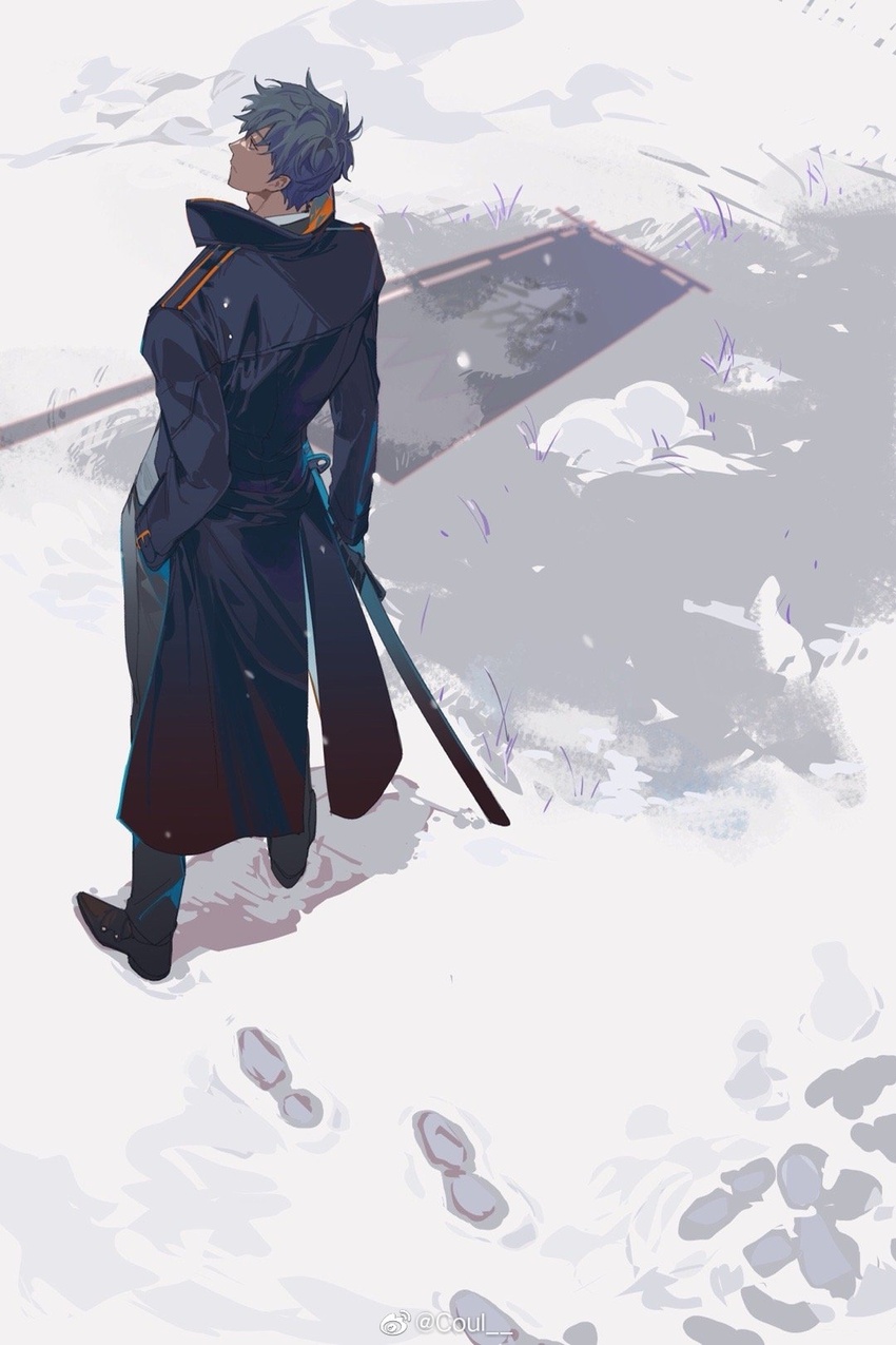 1boy aokiku behind_back black_gloves black_hair coat fate/grand_order fate_(series) formal gloves highres holding holding_sword holding_weapon katana looking_away male_focus saitou_hajime_(fate) short_hair snow solo sword weapon