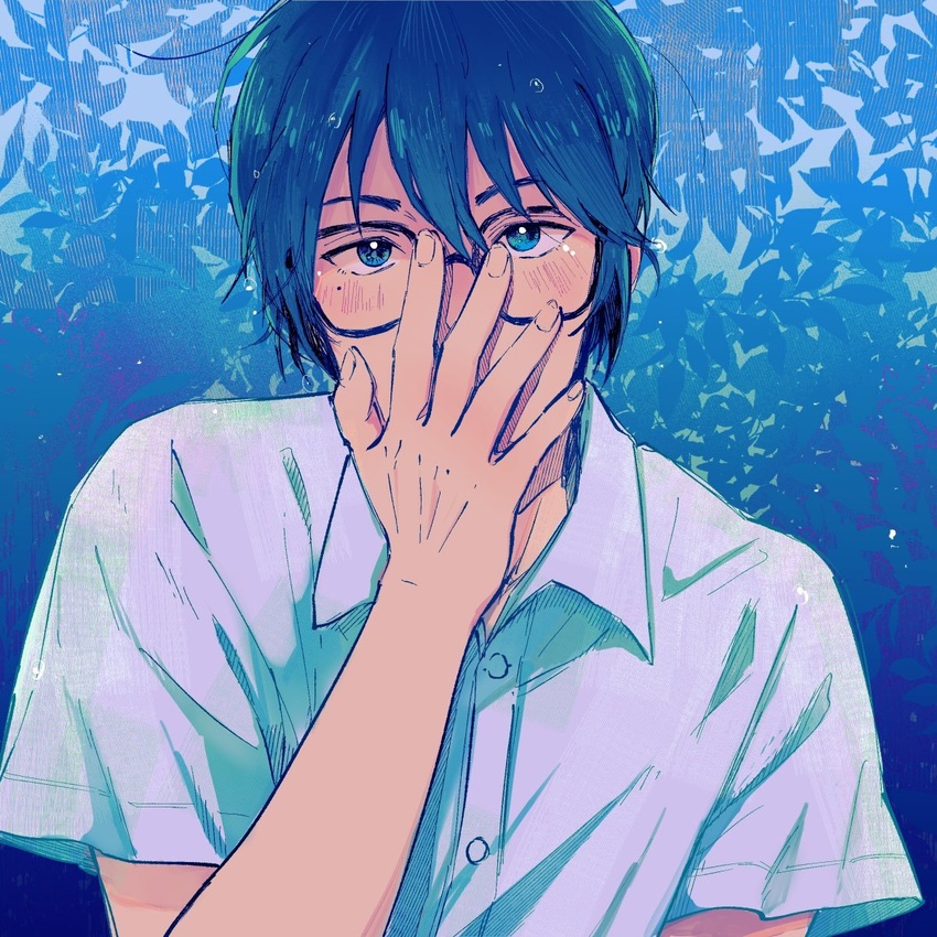 1boy adjusting_eyewear billies_(christina_oh) blue_background blue_eyes blue_hair blush glasses hand_up highres male_focus mole mole_under_eye shirt short_sleeves solo takehaya_seiya tsurune:_kazemai_koukou_kyuudoubu upper_body white_shirt