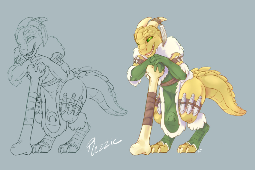 2019 3_toes 5_fingers anthro bone_club clothing coat dnd_homebrew feathers feet female fingers flat_chested fur green_sclera grey_background hi_res horn knife_on_arm knife_on_leg kobold leaning_on_object parka pupils rezzic scales scalie simple_background smile solo standing sweetcreamarts tabard tail teeth toes topwear yellow_body yellow_eyes yellow_scales