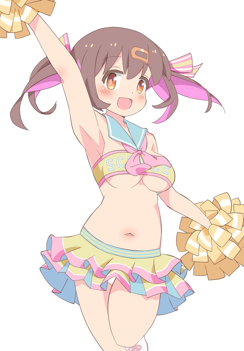 armpits blush breasts brown_hair cheerleader colored_inner_hair commentary_request feet_out_of_frame female frilled_skirt frills hair_ornament hairclip highres looking_at_viewer medium_breasts medium_hair microskirt multicolored_hair onii-chan_wa_oshimai! open_mouth oyama_mihari pom_pom_(cheerleading) pon_sugar purple_hair simple_background skirt smile solo white_background