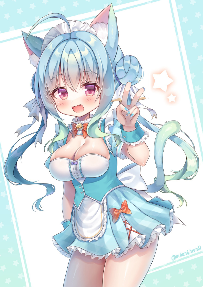 :d ahoge animal_ear_fluff animal_ears aqua_hair aqua_wristband arm_at_side back_bow bell blue_dress blue_hair blue_nails blush bow bowtie breasts cat_ears cat_girl cat_tail center_frills cleavage collar cowboy_shot detached_collar double_bun dress dress_bow eyelashes female frilled_dress frills hair_between_eyes hair_bun hair_ribbon hand_up highres himeno_ame jingle_bell long_hair looking_at_viewer maid maid_headdress medium_breasts multicolored_hair nail_polish neck_bell oerba_yun_fang open_mouth original pink_eyes pleated_dress red_bow red_bowtie ribbon short_dress short_sleeves sidelocks smile star_(symbol) striped_bow tail twintails twitter_username v white_bow white_collar white_ribbon wrist_cuffs