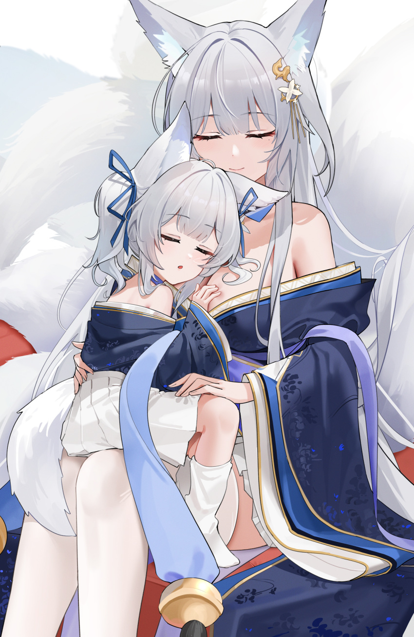 2girls absurdres animal_ear_fluff animal_ears azur_lane bare_shoulders blue_kimono blue_ribbon breasts cleavage closed_eyes facing_viewer feet_out_of_frame fingernails fox_ears fox_girl fox_tail grey_hair hair_ornament hair_ribbon hand_on_another's_back hand_on_another's_chest highres japanese_clothes kimono kitsune long_hair mole mole_under_eye multiple_girls multiple_tails off_shoulder pleated_skirt qing_wu ribbon shinano-chan_(azur_lane) shinano_(azur_lane) sitting sitting_on_lap sitting_on_person skirt sleeping smile socks tail thighhighs twintails white_skirt white_socks white_thighhighs wide_sleeves