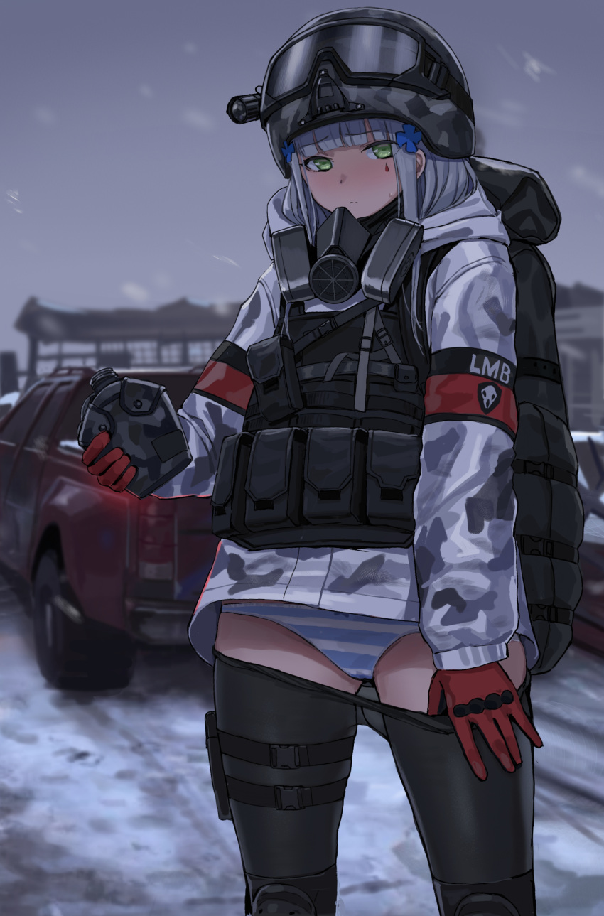 absurdres backpack bag black_pantyhose blunt_bangs blush camouflage camouflage_jacket canteen car clothes_pull commentary_request facial_mark female girls'_frontline gloves goggles goggles_on_headwear green_eyes grey_hair hair_ornament helmet highres hk416_(fang)_(girls'_frontline) hk416_(girls'_frontline) holding holding_canteen jacket kuro_(zhurunbo1997) last_man_battalion long_hair long_sleeves looking_at_viewer military military_uniform motor_vehicle outdoors panties pantyhose pantyhose_pull pickup_truck pulling_own_clothes red_gloves respirator snow snowing striped_clothes striped_panties sweat teardrop thigh_strap tom_clancy's_the_division truck underwear uniform vest winter_uniform