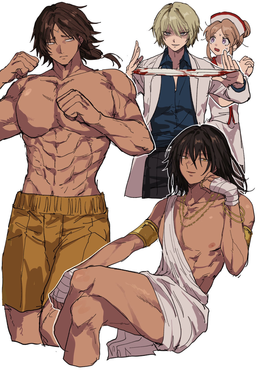 3boys abs aoi_(yooo009) blonde_hair blood blood_on_weapon blue_eyes brown_hair clenched_hands dark-skinned_male dark_skin female fighting_stance hanafusa_hajime highres jewelry kengan_(series) kengan_ashura multiple_boys multiple_views nurse rama_xiii weapon white_background wongsawat_gaolang yellow_eyes yoshizawa_kokomi