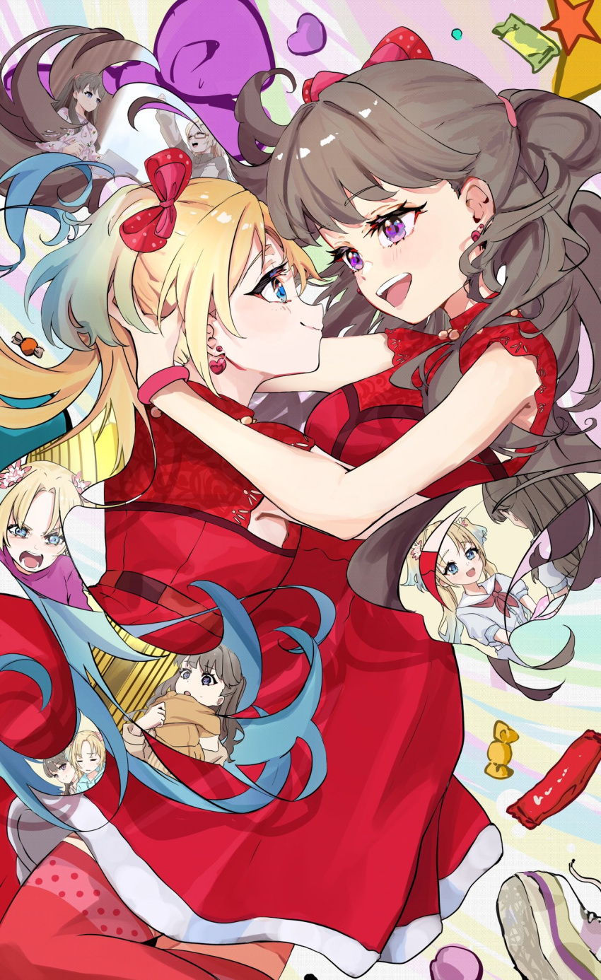 2girls :d angry arm_up armpit_crease blonde_hair blue_eyes blue_hair blue_hoodie bow brown_hair closed_mouth commentary cowboy_shot do!_do!_do!_(love_live!) dress eye_contact flower fujishima_megumi glasses gradient_hair hair_flower hair_ornament hairbow half-closed_eyes hasu_no_sora_school_uniform highres hood hoodie inset light_blue_hair link!_like!_love_live! long_hair looking_at_another love_live! mira-cra_park! multicolored_background multicolored_hair multiple_girls neckerchief official_alternate_costume oihlf open_mouth osawa_rurino over-kneehighs parted_bangs pink_flower pink_hoodie purple_eyes red_bow red_bracelet red_dress red_neckerchief red_thighhighs sailor_collar school_uniform short_dress short_sleeves shouting sleeveless sleeveless_dress smile summer_uniform teeth thighhighs twintails two_side_up upper_teeth_only v-shaped_eyebrows virtual_youtuber white_dress white_flower white_sailor_collar yuri