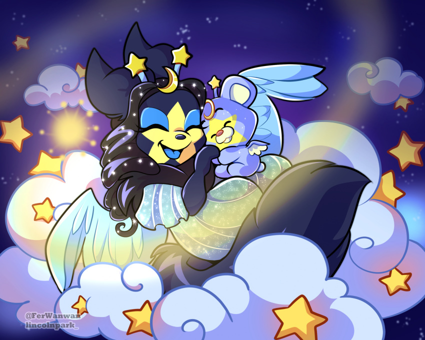 2023 ambiguous_gender antennae_(anatomy) anthro bear cel_shading closed_eyes clothed clothing cloud dress duo fan_character female ferwanwan hair happy hi_res hug mammal neopet_(species) neopets ona_(neopets) open_mouth open_smile petpet_(neopets) semi-anthro shaded sky smile sparkles sparkling_clothing sparkling_dress star starry_sky tail usul_(neopets) watermark wings