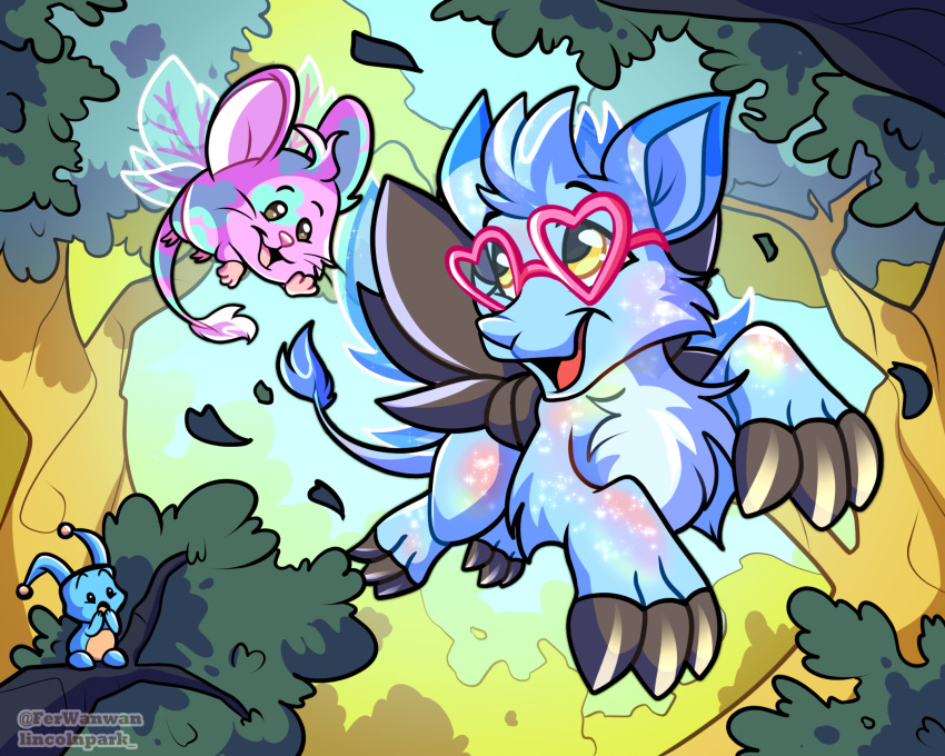 2024 ambiguous_gender anthro arthropod biped bori_(neopets) breebly chibi eyewear faerie_neopet fan_character feet feral ferwanwan flying fur glasses group head_tuft heart_glasses hi_res insect_wings insects iridescent iridescent_fur looking_back mammal nature neopet_(species) neopets open_mouth outside petpet_(neopets) petpetpet_(neopets) pink_body pink_fur plant quadruped rodent semi-anthro shaded sparkles sparkling_body sparkling_fur suprised_look tail tail_tuft tree trio tuft watermark wings yullie