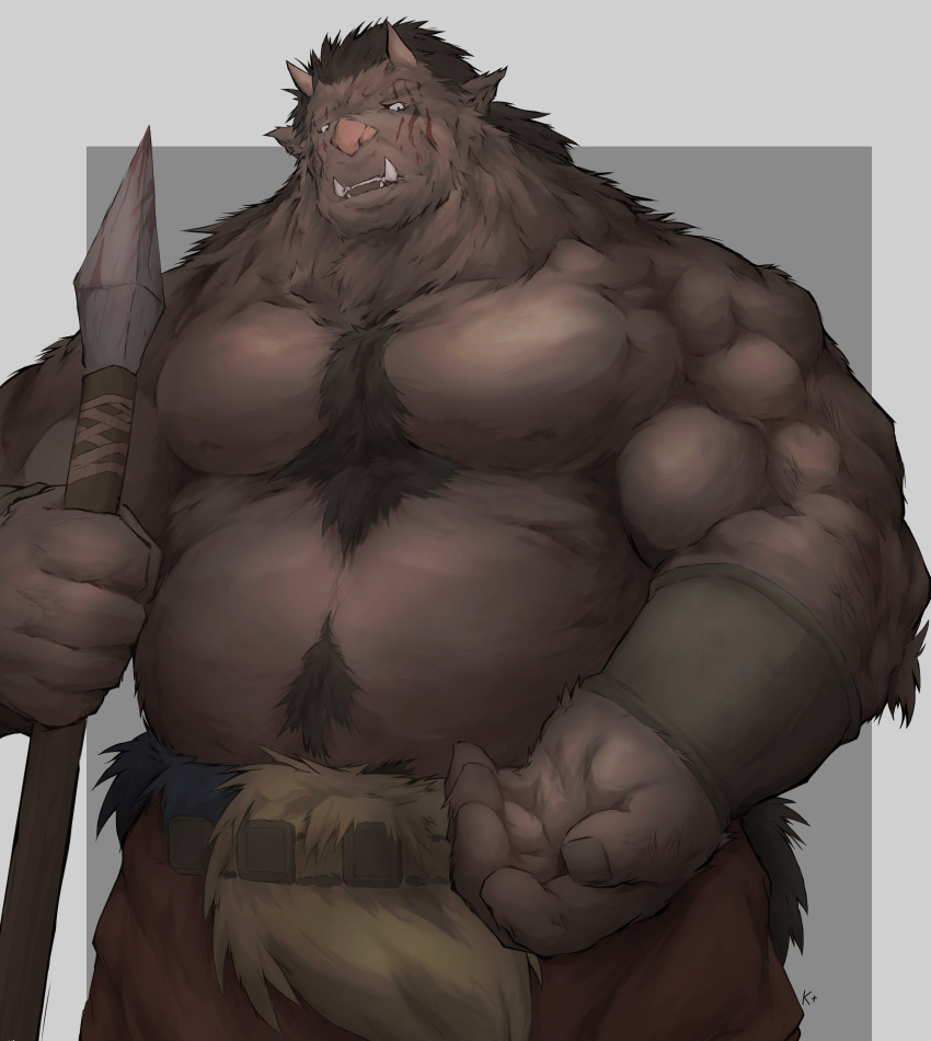 1boy absurdres alternate_design bara belly boar_boy body_fur brown_hair cowboy_shot dark-skinned_male dark_skin dungeon_meshi highres horns huge_pectorals iokei_(doctdra) large_hands male_focus monster_boy muscular muscular_male navel_hair nipples orc plump pointy_ears polearm skin-covered_horns solo spear standing strongman_waist tribal tsurime tusks weapon zon_(dungeon_meshi)