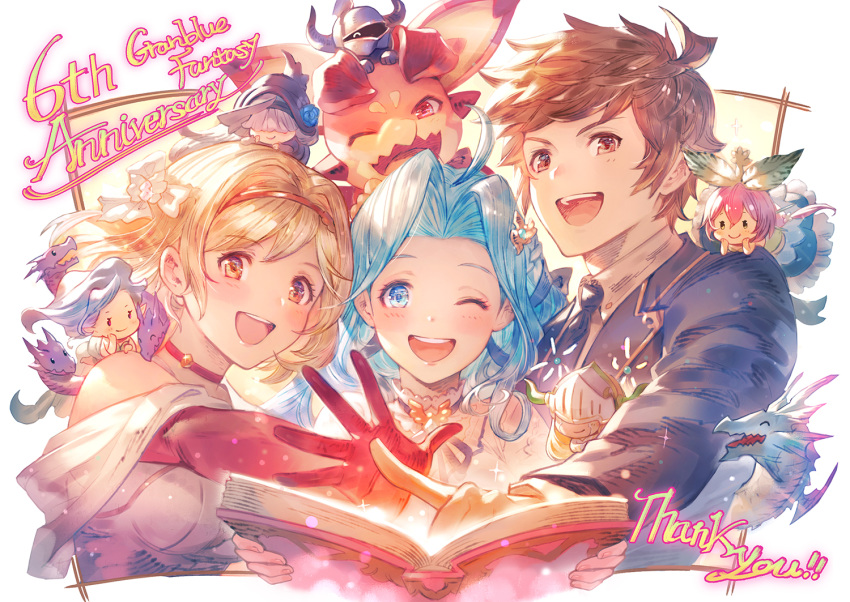 :d ;d bare_shoulders blonde_hair blue_eyes blue_hair brown_eyes brown_hair celeste_(granblue_fantasy) colossus_(granblue_fantasy) commentary_request djeeta_(granblue_fantasy) dragon dress elbow_gloves evening_gown gloves gran_(granblue_fantasy) granblue_fantasy hair_ornament helmet leaf leviathan_(granblue_fantasy) long_hair looking_at_viewer luminiera luminiera_(granblue_fantasy) lyria_(granblue_fantasy) monster_girl official_art one_eye_closed open_mouth pink_hair plant_girl sandwiched short_hair smile tiamat_(granblue_fantasy) vyrn_(granblue_fantasy) yggdrasil_(granblue_fantasy)