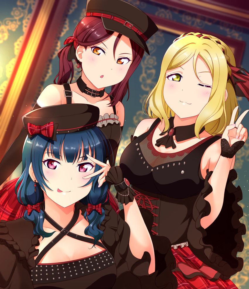 3girls :3 absurdres black_headwear black_shirt blonde_hair blue_hair blunt_bangs blush bow breasts choker cleavage corset detached_collar earrings elbow_gloves frills gloves guilty_kiss_(love_live!) hair_between_eyes hair_ribbon hairbow hat highres jewelry light_blush looking_at_viewer love_live! love_live!_sunshine!! low_twintails medium_breasts medium_hair multiple_girls ohara_mari one_eye_closed open_mouth orange_eyes pink_eyes plaid red_bow red_hair red_ribbon red_skirt ribbon sakurauchi_riko shirt side_ponytail skirt tongue tongue_out tsumikiy tsushima_yoshiko twintails upper_body v v-shaped_eyebrows yellow_eyes