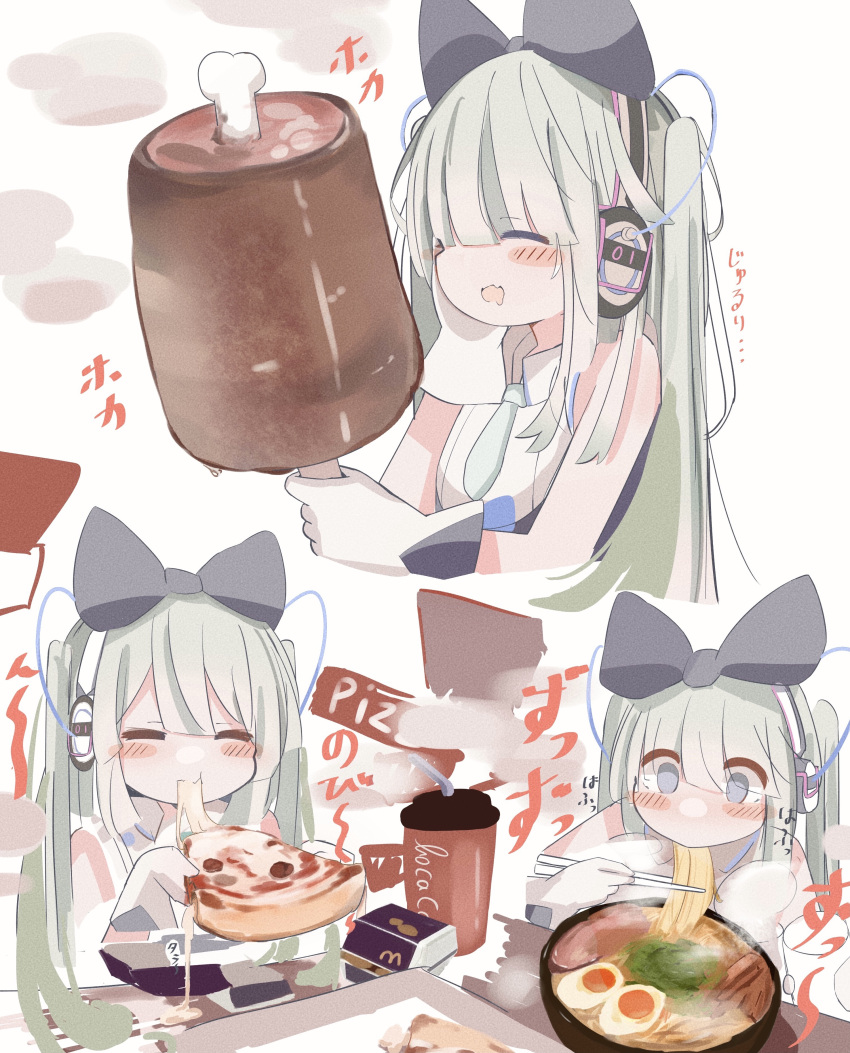 absurdres aqua_hair aqua_necktie black_bow blue_eyes blush_stickers boned_meat bow box chopsticks closed_eyes commentary cup disposable_cup dress drooling eating egg_(food) fast_food female food gloves glutton hairbow hand_on_own_cheek hand_on_own_face hatsune_miku headphones highres holding holding_chopsticks holding_food holding_pizza long_hair magical_mirai_(vocaloid) magical_mirai_miku magical_mirai_miku_(2016) mcdonald's meat mouth_drool multiple_views necktie noodles open_mouth pizza pizza_box ramen short_necktie sleeveless sleeveless_dress smile steam syare_0603 symbol-only_commentary translated twintails very_long_hair vocaloid white_dress white_gloves