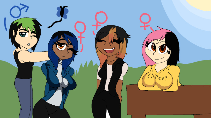 1boy 3girls anasia123 billie_eilish black_hair genderswap_(ftm) genderswap_(mtf) grass highres jacket juice_wrld multiple_girls real_life rule_63 self-upload xxxtentacion yellow_jacket