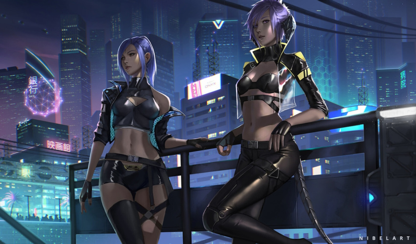 2girls au_ra belt breasts building city commission cropped_jacket cyberpunk decima_velanox dragon_horns dragon_tail fictional_persona final_fantasy final_fantasy_xiv fingerless_gloves garlean gloves horns medium_breasts midriff multiple_girls navel nibelart pants ponytail purple_hair scales science_fiction see-through short_hair sin_faye single_thighhigh small_breasts tail thighhighs third_eye tight tight_pants yellow_eyes