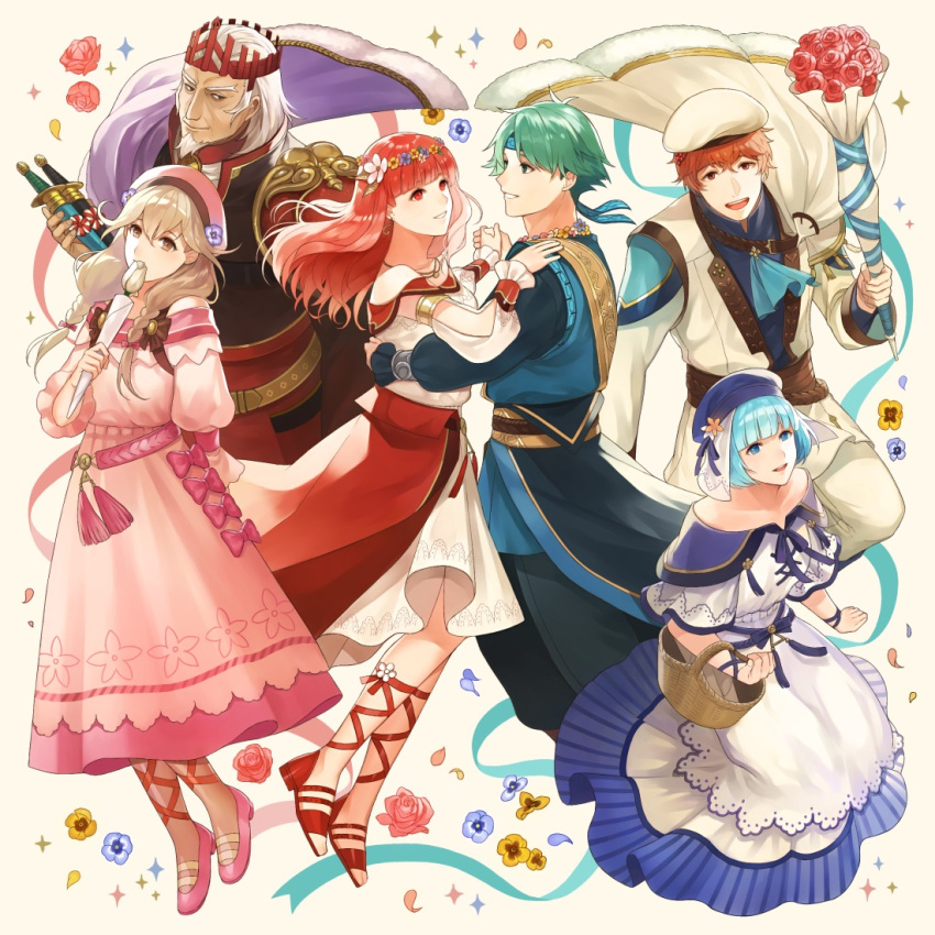 3boys 3girls alm_(fire_emblem) alm_(valentine)_(fire_emblem) aym_(ash3ash3ash) bad_id bad_twitter_id basket beard belt blonde_hair blue_eyes blue_hair bow braid brother_and_sister brown_eyes celica_(fire_emblem) celica_(valentine)_(fire_emblem) closed_mouth conrad_(fire_emblem) conrad_(valentine)_(fire_emblem) crown dagger dress facial_hair father_and_son faye_(fire_emblem) faye_(valentine)_(fire_emblem) fire_emblem fire_emblem_echoes:_shadows_of_valentia fire_emblem_heroes flower from_side green_eyes green_hair hairbow hat head_wreath holding jewelry knife long_hair long_sleeves multiple_boys multiple_girls necklace parted_lips petals red_eyes red_hair rudolf_(fire_emblem) rudolf_(valentine)_(fire_emblem) short_hair short_sleeves siblings silque_(fire_emblem) silque_(valentine)_(fire_emblem) twin_braids weapon white_hair