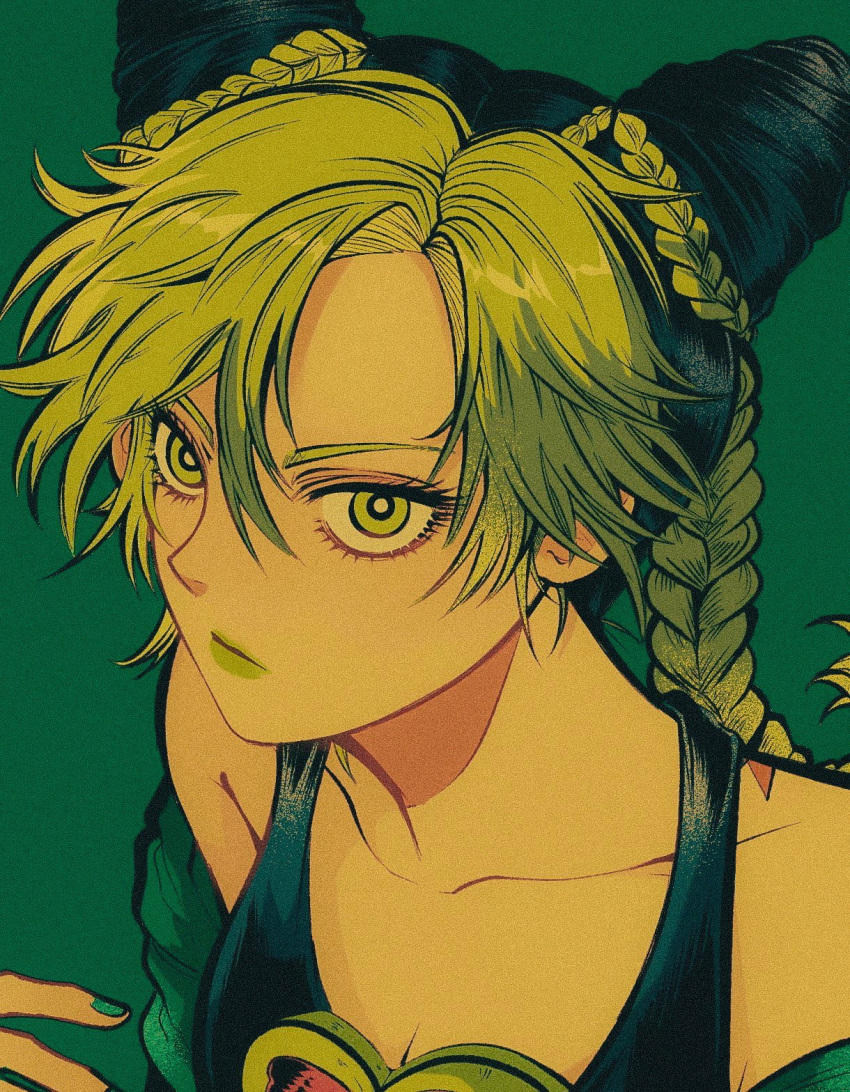 birthmark black_hair braid braided_bun braided_ponytail close-up commentary cone_hair_bun double_bun female green_eyes green_theme hair_between_eyes hair_bun highres joestar_birthmark jojo_no_kimyou_na_bouken kujo_jolyne looking_at_viewer multicolored_hair off_shoulder pikurusu shirt sleeveless sleeveless_shirt solo stone_ocean symbol-only_commentary two-tone_hair