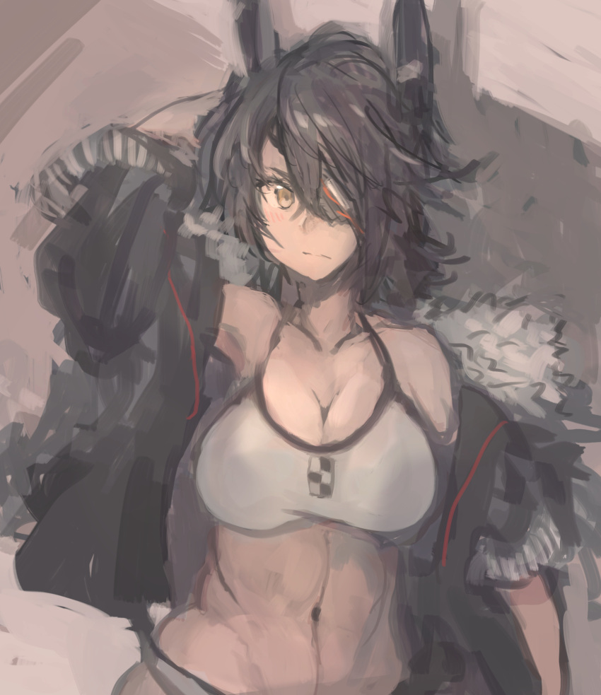 abs arm_up bikini black_hair black_jacket breasts closed_mouth eyepatch female fur-trimmed_jacket fur_trim grey_background hair_between_eyes headgear highres jacket kantai_collection large_breasts long_sleeves medium_hair moor official_alternate_costume open_clothes open_jacket simple_background solo swimsuit tenryuu_(kancolle) tenryuu_(swimsuit_mode)_(kancolle) toned upper_body white_bikini yellow_eyes