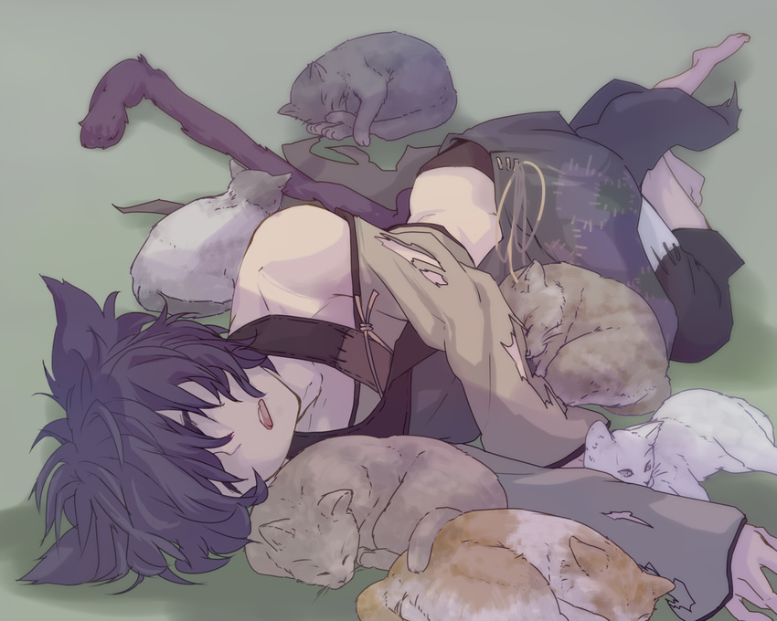 1boy animal_ears barefoot black_cat blue_hair cat_ears cat_tail commentary_request feline hans_humpty highres lying male_focus on_side open_mouth otaki55 rokka_no_yuusha sleeping solo tail torn_clothes white_cat