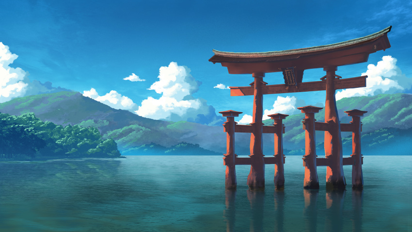 badriel clouds nobody original reflection scenic sky torii tree water