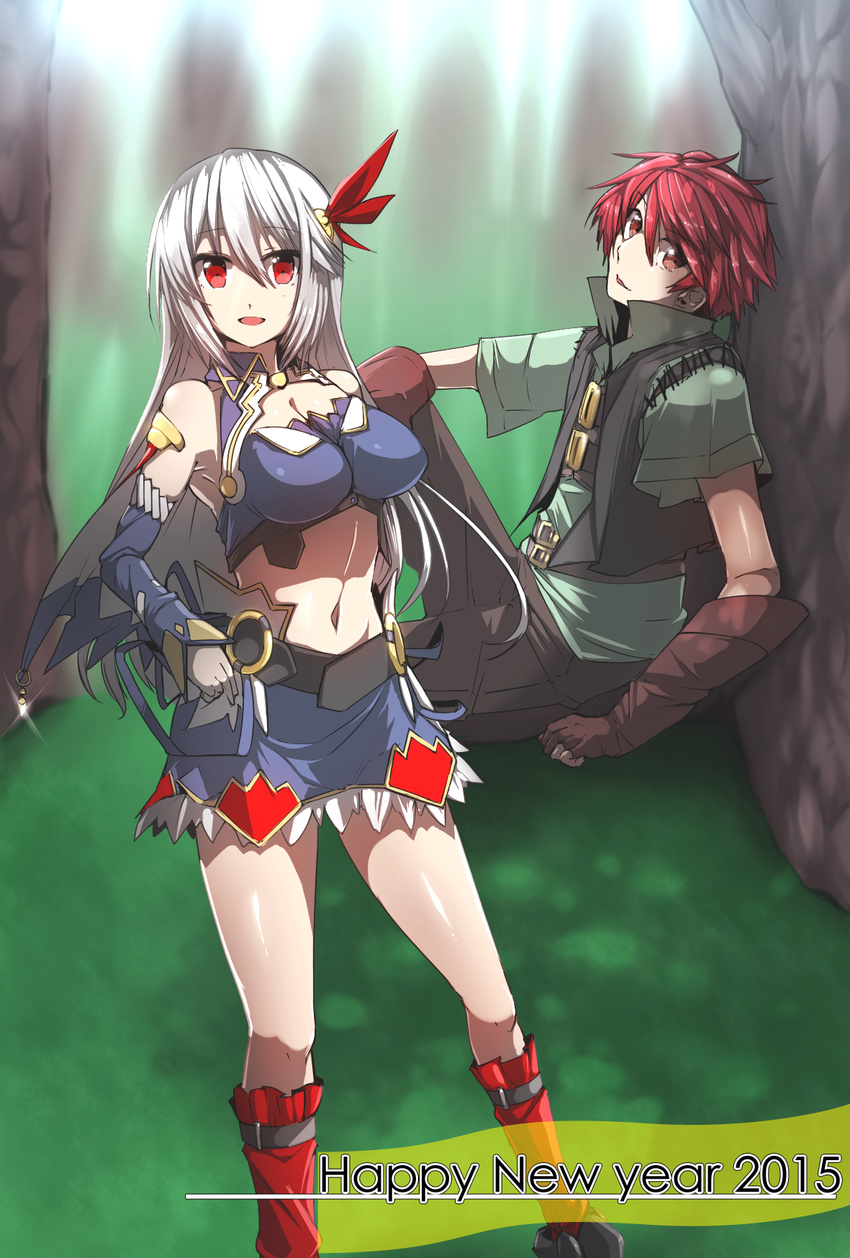 1boy bare_shoulders belt boots breasts brown_eyes cape cleavage cleavage_cutout detached_sleeves eleonora_viltaria female gloves hair_ornament long_hair madan_no_ou_to_vanadis midriff open_mouth pants red_eyes red_hair skirt tigrevurmud_vorn vest white_hair