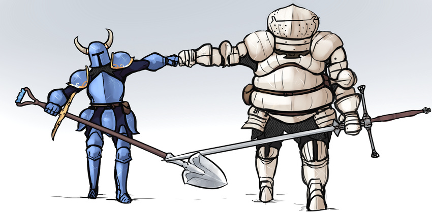 2boys armor crossover dark_souls_(series) dark_souls_i fake_horns fist_bump full_armor full_body gradient_background helmet horned_helmet horns male_focus multiple_boys scathegrapes shovel shovel_knight shovel_knight_(character) siegmeyer_of_catarina sword weapon white_background zweihander