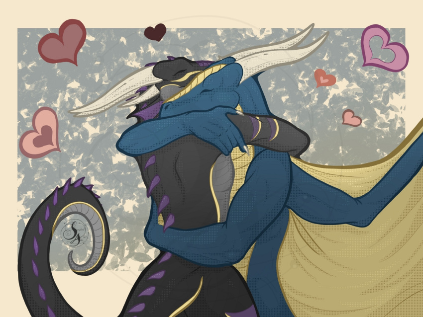 2022 4:3 digital_media_(artwork) dragon duo heart_symbol hearts_around_body hearts_around_upper_body horn hug layered_heart membrane_(anatomy) membranous_wings mythological_creature mythological_scalie mythology natoli scalie spines tail wingless_dragon wings