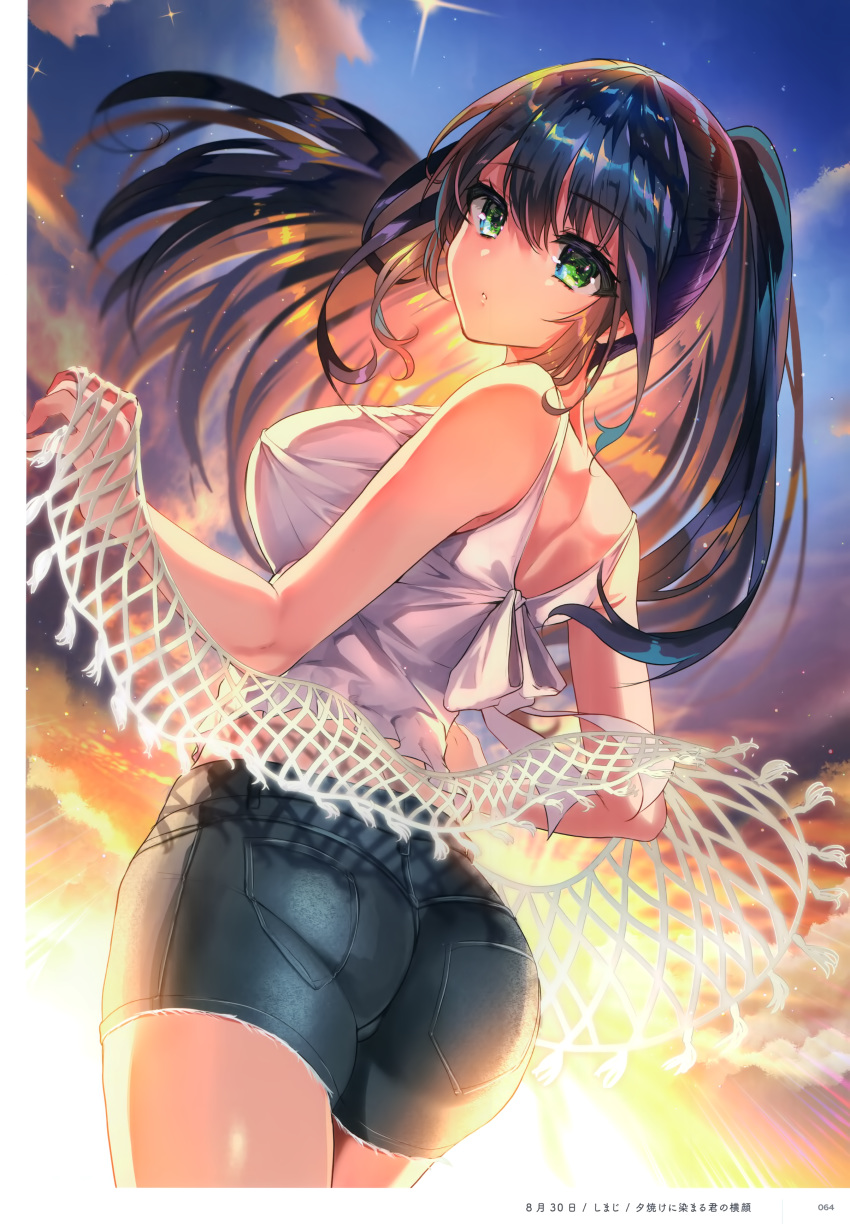 absurdres artist_name ass bare_shoulders black_hair blue_sky blush breasts female from_behind green_eyes highres holding large_breasts long_hair looking_at_viewer looking_back melonbooks orange_sky outdoors page_number parted_lips ponytail scan shimaji shiny_skin shorts simple_background sky solo star_(sky) starry_sky sunset