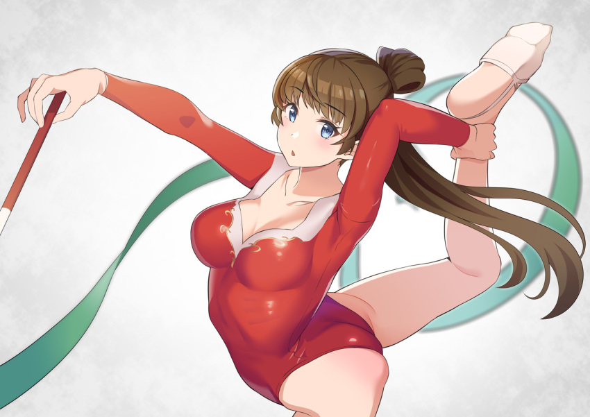 ass athletic_leotard blue_eyes breasts brown_hair cleavage female gymnastics half-soles holding_own_foot len-cue leotard long_hair medium_breasts ponytail red_leotard rhythmic_gymnastics ribbon_baton simple_background solo standing standing_on_one_leg tomato_(madanai_the_cat) white_background yasumi-chan