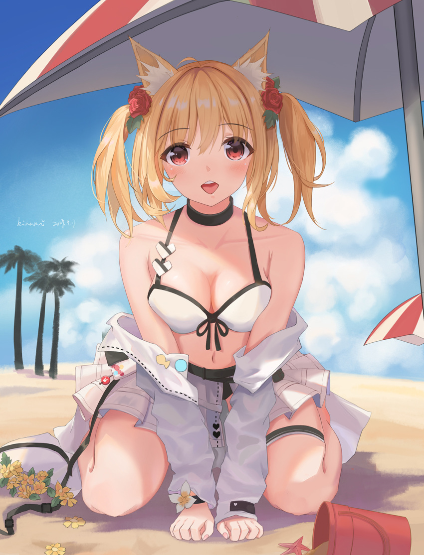 ahoge animal_ear_fluff animal_ears arknights arm_support artist_name bare_shoulders beach_umbrella bikini black_choker blonde_hair blue_sky blush breasts bucket choker cleavage cloud collarbone dated day female flower front-tie_bikini_top front-tie_top grey_jacket hair_between_eyes hair_flower hair_ornament highres jacket long_sleeves looking_at_viewer medium_breasts naimiaomiaomiaomiao official_alternate_costume open_mouth outdoors photoshop_(medium) red_eyes red_flower red_rose rose seiza shadow short_hair signature sitting sky solo sora_(arknights) sora_(summer_flowers)_(arknights) swimsuit thigh_strap tree twintails umbrella white_bikini wolf_ears yellow_flower