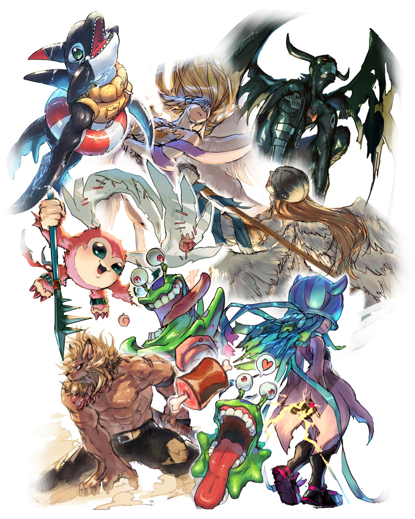 2girls 3boys absurdres angel angel_wings angemon angewomon animal_ears bare_shoulders belt black_belt black_pants black_wings boned_meat commentary_request covered_eyes devimon digimon digimon_(creature) feathered_wings fish food heart helmet highres holding holding_polearm holding_weapon horns leomon lifebuoy lion_boy lion_ears meat multiple_boys multiple_girls numemon open_mouth orca orcamon p!k@ru pants picklemon polearm red_eyes sharp_teeth smile spear speech_bubble spoken_heart swim_ring teeth teslajellymon tongue tongue_out topless_male torn_clothes torn_pants torn_wings weapon white_wings wings