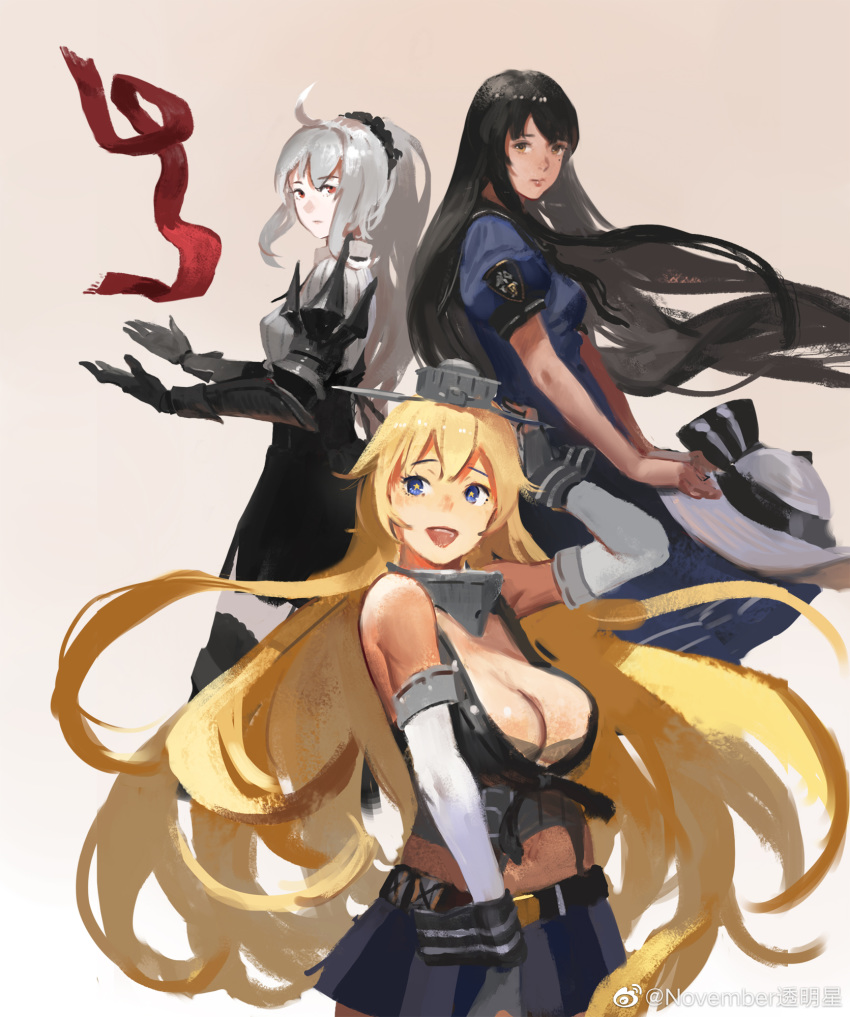 3girls abyssal_ship ahoge black_hair black_scrunchie blonde_hair blue_dress blue_eyes breasts brown_eyes chinese_commentary cleavage commentary_request dress elbow_gloves fingerless_gloves front-tie_top gauntlets gloves grey_hair hat headgear high_ponytail highres historical_name_connection holding holding_clothes holding_hat iowa_(kancolle) iowa_(pacific) jeanex kantai_collection large_breasts long_hair looking_at_viewer midriff mole mole_under_eye multiple_girls name_connection navel pacific_(kancolle) puffy_short_sleeves puffy_sleeves red_eyes red_ribbon ribbon roar_(siirakannu) sailor_dress scrunchie short_sleeves smile star-shaped_pupils star_(symbol) symbol-shaped_pupils unworn_hat unworn_headwear weibo_logo weibo_watermark