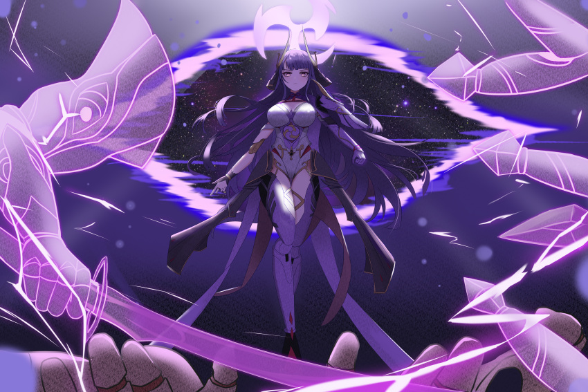 absurdres armor breasts cleavage fake_horns female genshin_impact hair_ornament hands helmet highres horned_headwear horned_helmet horns japanese_clothes kcar66t large_breasts long_hair looking_at_viewer md5_mismatch mole mole_under_eye official_alternate_costume purple_eyes purple_hair raiden_shogun raiden_shogun_(magatsu_mitake_narukami_no_mikoto) solo