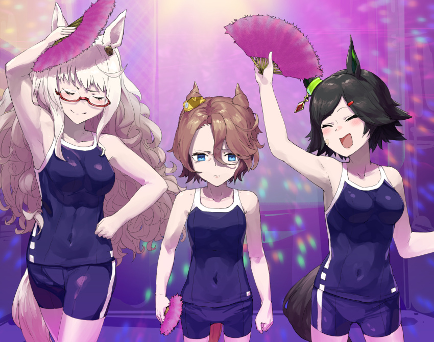 3girls animal_ears armpits bad_id bad_twitter_id bandaid bandaid_on_cheek bandaid_on_face bare_shoulders biwa_hayahide_(umamusume) black_hair bnw_(umamusume) closed_eyes commentary_request covered_navel dancing disco ear_ornament glasses hair_ornament hairclip hand_fan highres horse_ears horse_girl horse_tail indoors long_hair multiple_girls narita_taishin_(umamusume) open_mouth red-framed_eyewear semi-rimless_eyewear short_hair swimsuit tail tark_(318) umamusume white_hair winning_ticket_(umamusume)