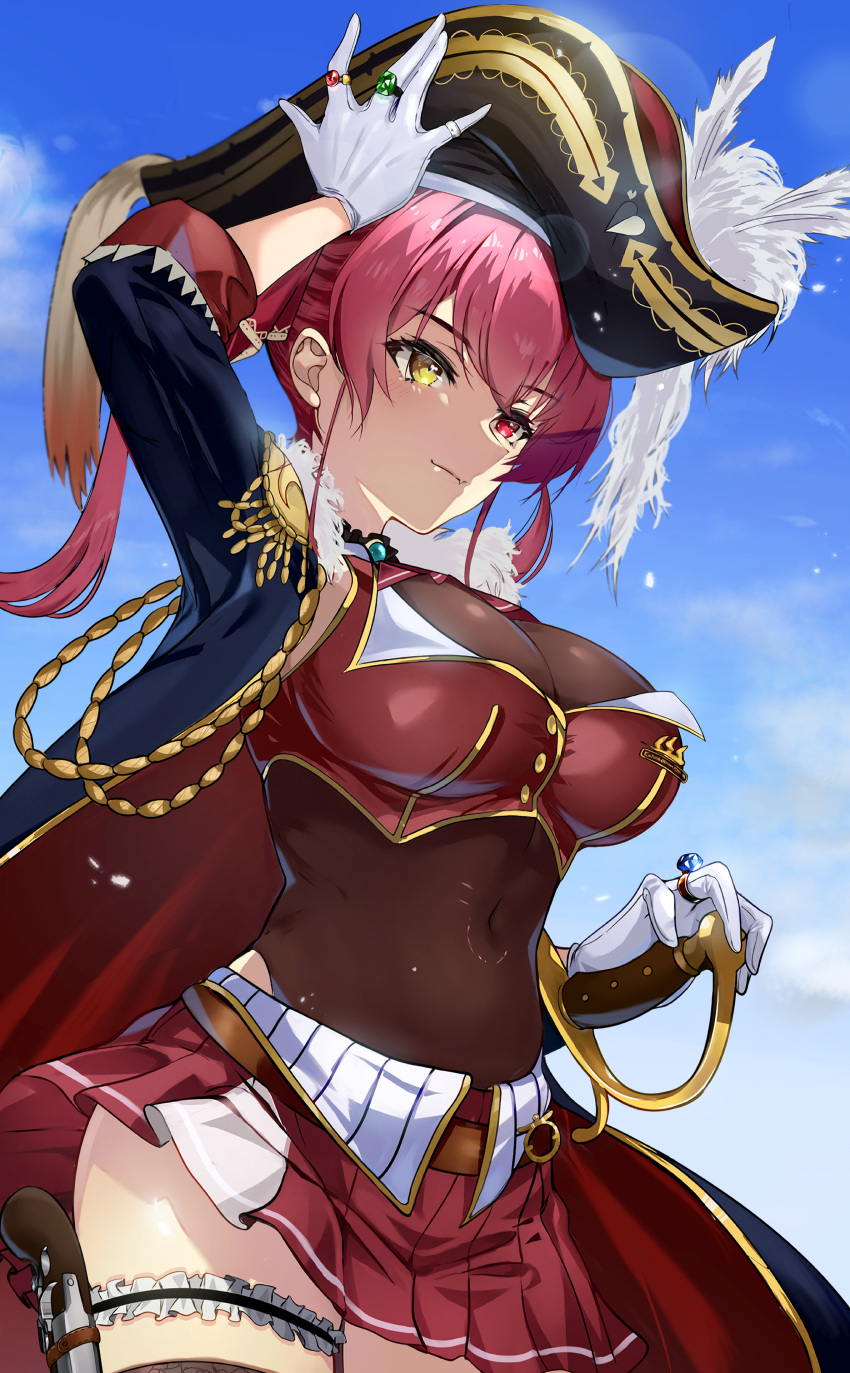 absurdres antique_firearm black_hat breasts brown_leotard brown_thighhighs cleavage covered_navel cowboy_shot cropped_jacket female firelock flintlock gloves gun hand_on_headwear hand_on_hilt handgun hat heterochromia highres hololive houshou_marine houshou_marine_(1st_costume) jacket jewelry large_breasts leotard leotard_under_clothes long_hair miniskirt multiple_rings navel no_eyepatch oerba_yun_fang pirate_hat pleated_skirt red_eyes red_hair red_jacket red_skirt ring see-through see-through_cleavage skin_fang skirt solo thigh_strap thighhighs tomo0843 twintails two-tone_cloak virtual_youtuber weapon white_gloves yellow_eyes