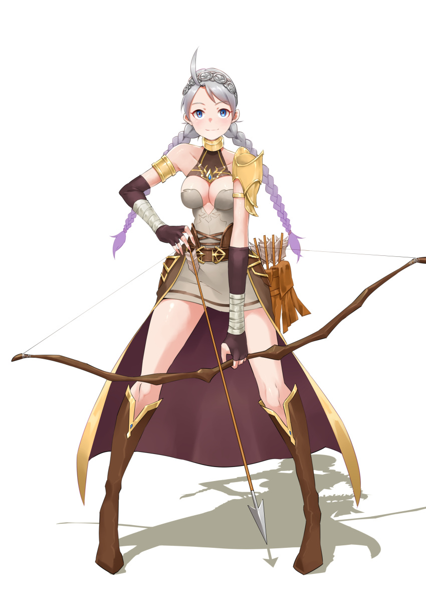 absurdres ahoge belt boots bow_(weapon) braid breasts cosplay female fire_emblem fire_emblem_fates full_body glory_emblem gloves grace_(glory_emblem) grace_(glory_emblem)_(cosplay) highres holding holding_weapon igni_tion leather leather_gloves looking_at_viewer low_twin_braids medium_breasts nina_(fire_emblem) parted_bangs solo twin_braids twintails weapon white_background