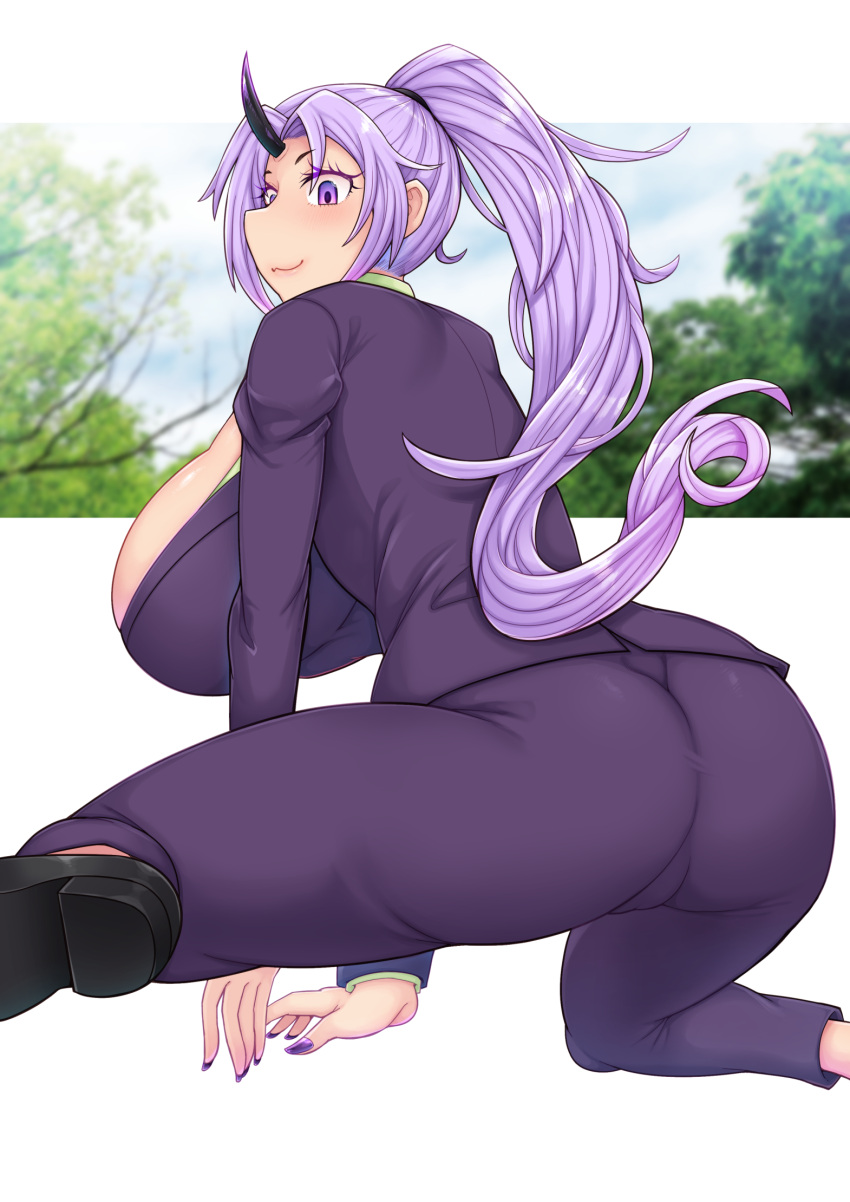 ass black_horns blush breasts female formal heart high_ponytail highres horns huge_breasts jacket light_purple_hair loafers long_hair looking_at_viewer niwatora oni oni_horns pants purple_eyes purple_jacket purple_nails purple_pants purple_suit shion_(tensei_shitara_slime_datta_ken) shoes sideboob single_horn smile solo suit tensei_shitara_slime_datta_ken very_long_hair