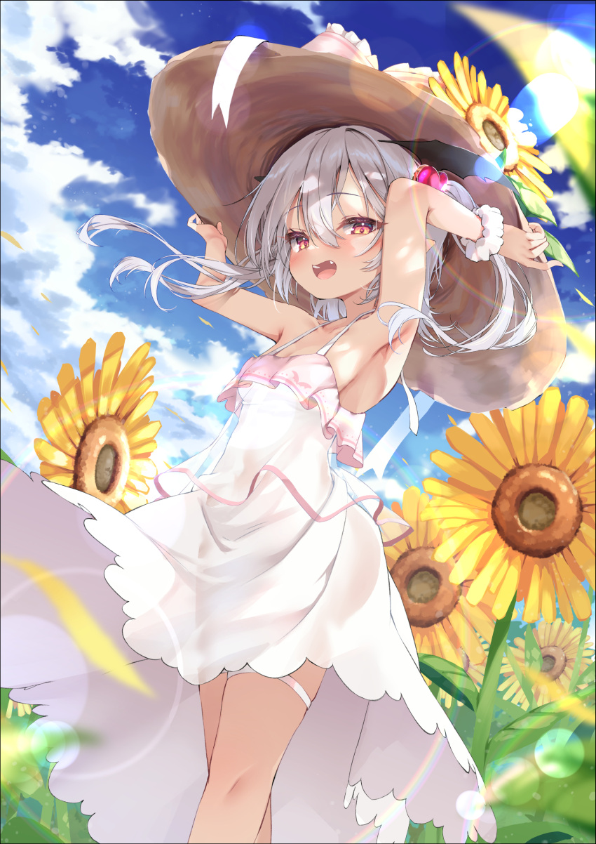 :d absurdres armpits arms_up bare_shoulders blue_sky blush breasts cloud dress fangs feet_out_of_frame female field flower flower_field frilled_dress frills from_below hair_between_eyes hair_ornament hakuou_lilia hands_on_headwear hat hat_flower heart heart_hair_ornament highres indie_virtual_youtuber lens_flare looking_at_viewer nyahu_(nyahu_77) open_mouth outdoors red_eyes scrunchie see-through see-through_dress see-through_silhouette short_hair sky sleeveless sleeveless_dress small_breasts smile solo spaghetti_strap standing sun_hat sundress sunflower sunflower_field thigh_strap three_quarter_view twintails virtual_youtuber white_dress white_hair white_scrunchie wrist_scrunchie