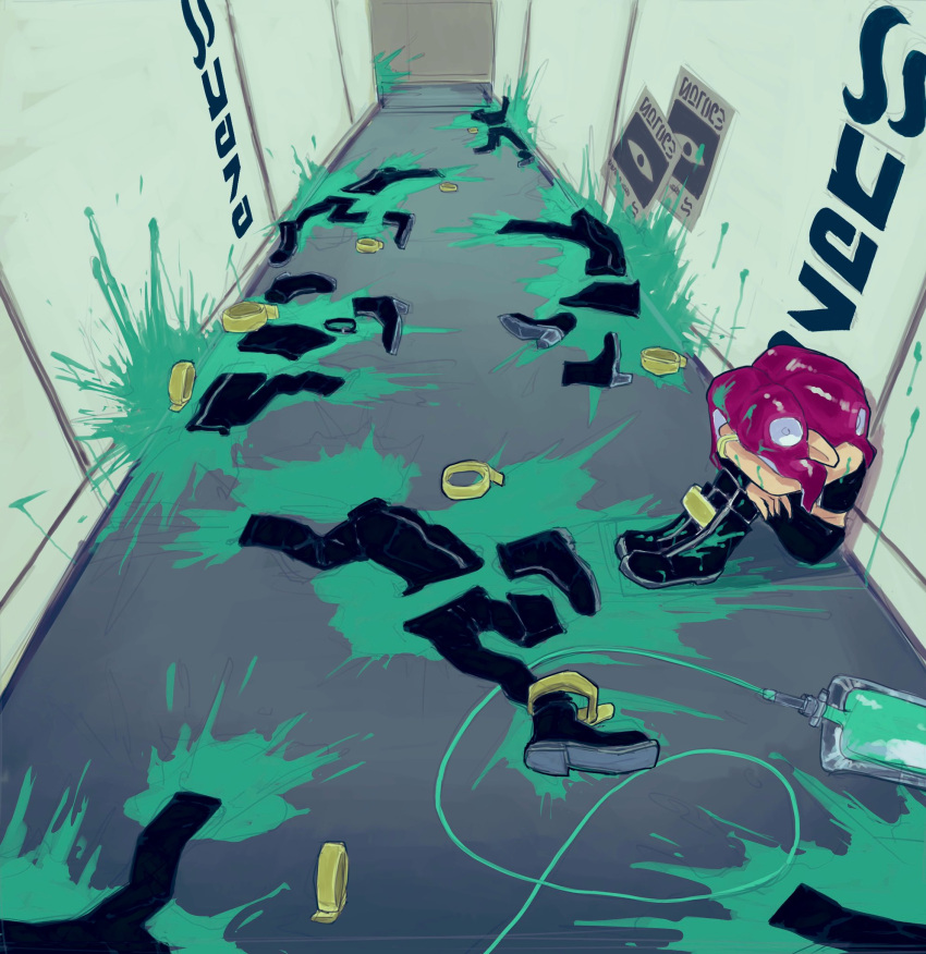 agent_8_(splatoon) covering_face female highres hugging_own_legs implied_death ink ink_on_clothes intravenous_drip octoling octoling_girl octoling_player_character pointy_ears red_hair single_sleeve sitting smile_tarooo splatoon_(series) splatoon_2 splatoon_2:_octo_expansion splatter suction_cups tentacle_hair unworn_clothes