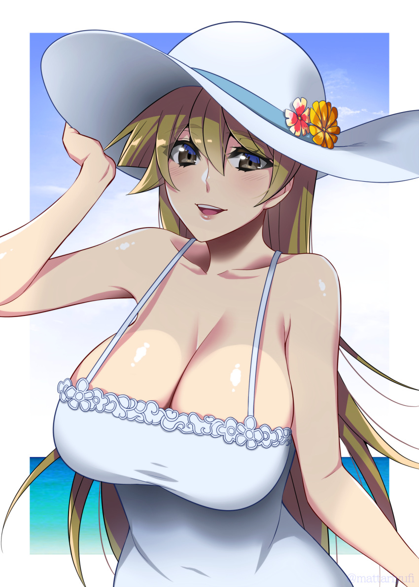 bare_shoulders blonde_hair blush breasts commentary_request dress female flower hat hat_flower highres large_breasts long_hair looking_at_viewer mattari_yufi open_mouth smile solo tenjouin_asuka upper_body white_dress white_hat yellow_eyes yu-gi-oh! yu-gi-oh!_gx