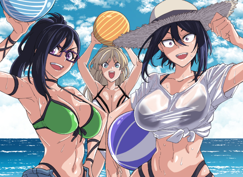 3girls armpits ball beachball bikini black_bikini black_hair blonde_hair blue_eyes blue_sky cloud commentary glasses green_bikini hair_between_eyes hat hitomi-chan_wa_hitomishiri karasuma_angelica multiple_girls natsumi_chorisuke navel ocean open_mouth ponytail purple-framed_eyewear see-through see-through_shirt sharp_teeth shirt shizuka_(hitomi-chan_wa_hitomishiri) sky straw_hat swimsuit takano_hitomi teeth wet wet_clothes wet_shirt white_bikini