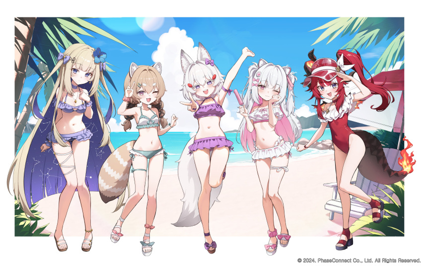 5girls :d absurdres animal_ear_fluff animal_ear_request animal_ears aqua_bikini aqua_bow arm_up bare_shoulders beach bikini bikini_ribbon blonde_hair blue_bikini blue_bow blue_flower blue_hair blue_sky blush bow braid breasts brown_footwear brown_tail chair character_request closed_mouth cloud colored_inner_hair day english_commentary fire flower flower_request food footwear_bow foreshortening frilled_bikini frills goeleu hair_flower hair_ornament hair_over_shoulder hairbow hand_up highres holding holding_food holding_popsicle jewelry light_brown_hair long_hair looking_at_viewer medium_breasts midriff multicolored_hair multiple_girls navel necklace ocean one-piece_swimsuit one_eye_closed open_mouth outdoors phase_connect pink_bow pink_hair pink_ribbon ponytail popsicle purple_bikini purple_bow red_one-piece_swimsuit ribbon sandals short_hair sky small_breasts smile standing swimsuit twin_braids two_side_up v very_long_hair white_bikini white_footwear white_hair white_ribbon