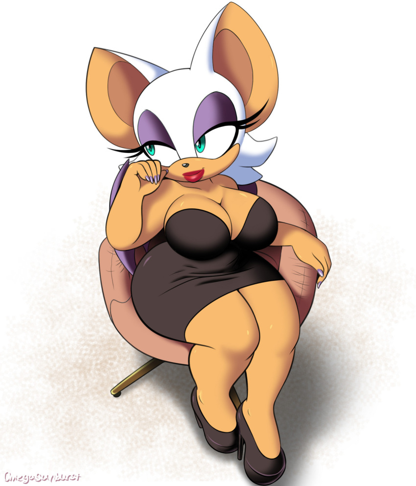 animal_ears bare_hips bare_legs bat_ears black_footwear breasts collarbone curvy eyelashes female fingernails high_heels highres large_breasts legs lips lipstick long_eyelashes makeup omegasunburst purple_nails red_lips rouge_the_bat solo solo_focus sonic_(series) thick_thighs thighs wide_hips