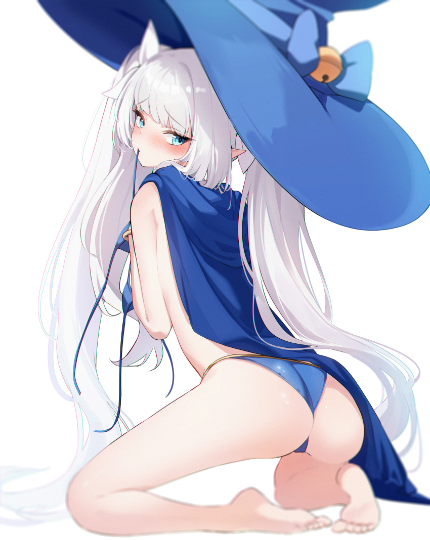 absurdres ass bell bikini blue_bikini blue_cape blue_eyes blue_hat blush bow cape character_request cocokawa_(cjsj8353) commentary feet female from_behind full_body hair_over_shoulder hair_ribbon hat hat_bow highres jingle_bell kneeling large_hat long_hair looking_at_viewer looking_back mouth_hold original pointy_ears ribbon simple_background solo string_bikini swimsuit symbol-only_commentary toes twintails unworn_bikini_top very_long_hair white_background white_hair white_ribbon