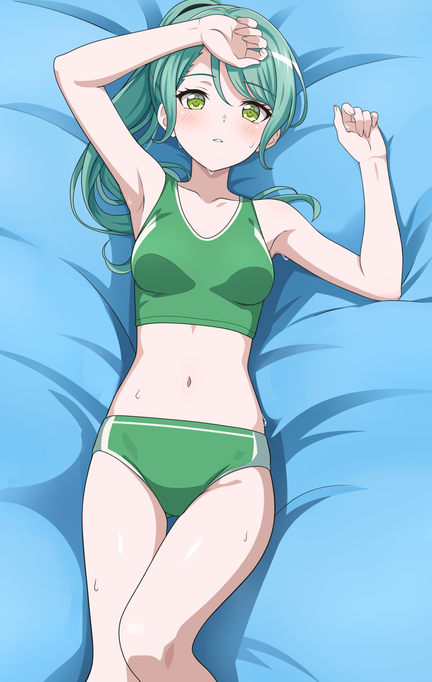 absurdres aqua_hair bang_dream! blush breasts buruma collarbone commentary english_commentary female fries_vanquisher green_buruma green_eyes green_sports_bra highres hikawa_sayo long_hair looking_at_viewer lying medium_breasts navel on_back open_mouth ponytail sidelocks solo sports_bikini sports_bra sweat