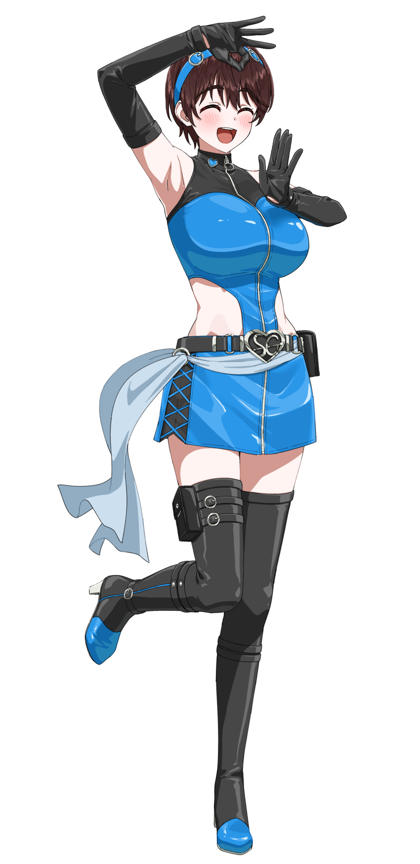 :d ^_^ absurdres arm_up armpits belt belt_pouch black_belt black_footwear black_gloves blue_dress blue_hairband boots breasts brown_hair closed_eyes clothing_cutout commentary_request dr._gero_(staedtler_0508) dress elbow_gloves female full-length_zipper full_body gloves hairband highres hip_vent idolmaster idolmaster_cinderella_girls large_breasts oikawa_shizuku pouch short_dress short_hair side_cutout simple_background smile solo standing standing_on_one_leg teeth thigh_boots thigh_pouch upper_teeth_only white_background zipper