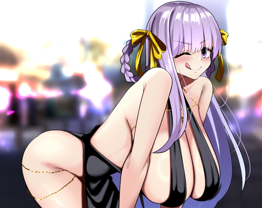 :p absurdres bare_shoulders bb_(fate) bb_dubai_(fate) black_dress blurry blurry_background blush braid braided_hair_rings breasts center_opening chains cleavage commentary_request dress fate/grand_order fate_(series) female gold_chain hair_ribbon highres jewelry kurorettsu large_breasts long_hair looking_at_viewer necklace purple_eyes purple_hair ribbon side_slit smile solo tongue tongue_out twin_braids yellow_ribbon