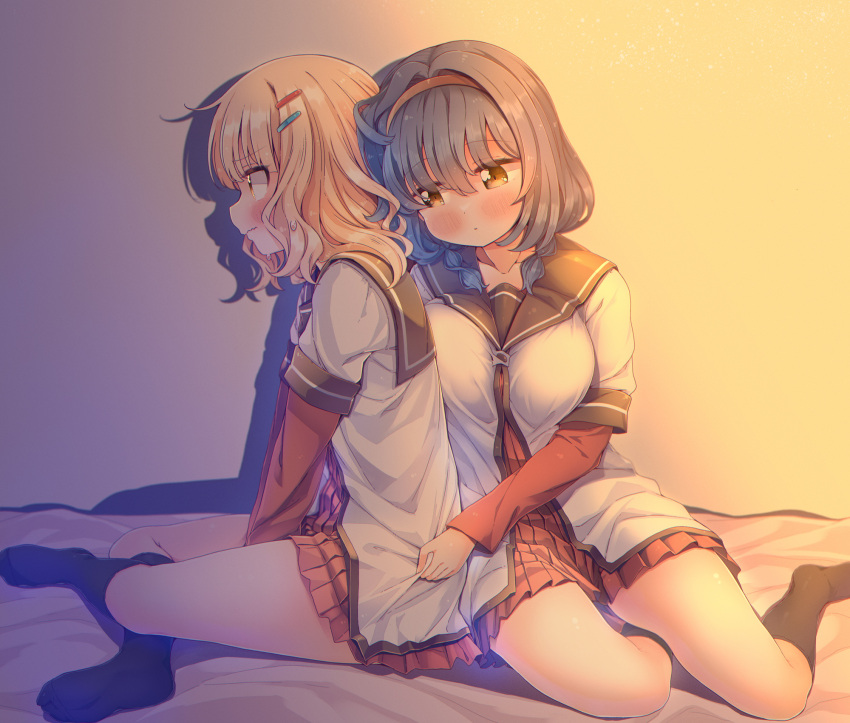 2girls averting_eyes bed_sheet black_headband black_socks blonde_hair blue_hair blush breasts brown_eyes clothes_pull furutani_himawari hair_ornament hairclip headband highres large_breasts leaning_on_person legs multiple_girls nanamori_school_uniform oomuro_sakurako school_uniform short_hair socks takahero thighs yuri yuru_yuri