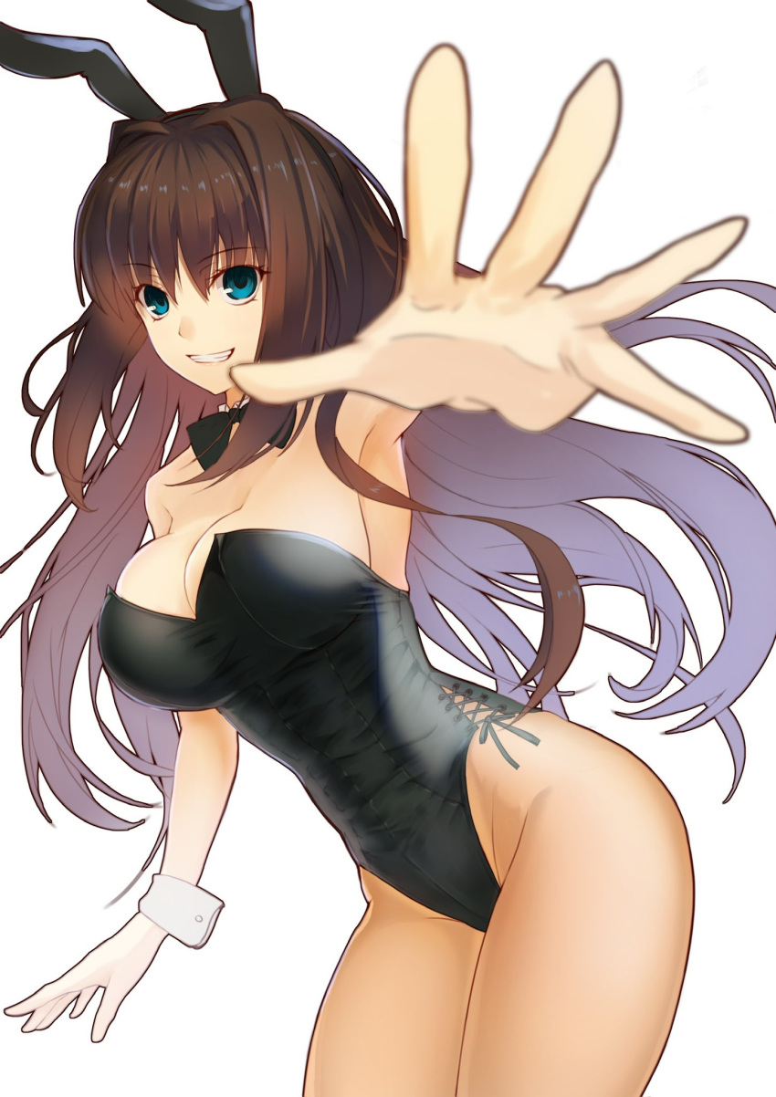 animal_ears aozaki_aoko black_bow black_bowtie black_leotard blue_eyes bow bowtie breasts brown_hair cleavage cowboy_shot cross-laced_clothes cross-laced_leotard fake_animal_ears female gloves grin highres large_breasts leotard long_hair looking_at_viewer mahou_tsukai_no_yoru outstretched_arm outstretched_hand playboy_bunny simple_background single_glove smile toomishou white_background white_gloves