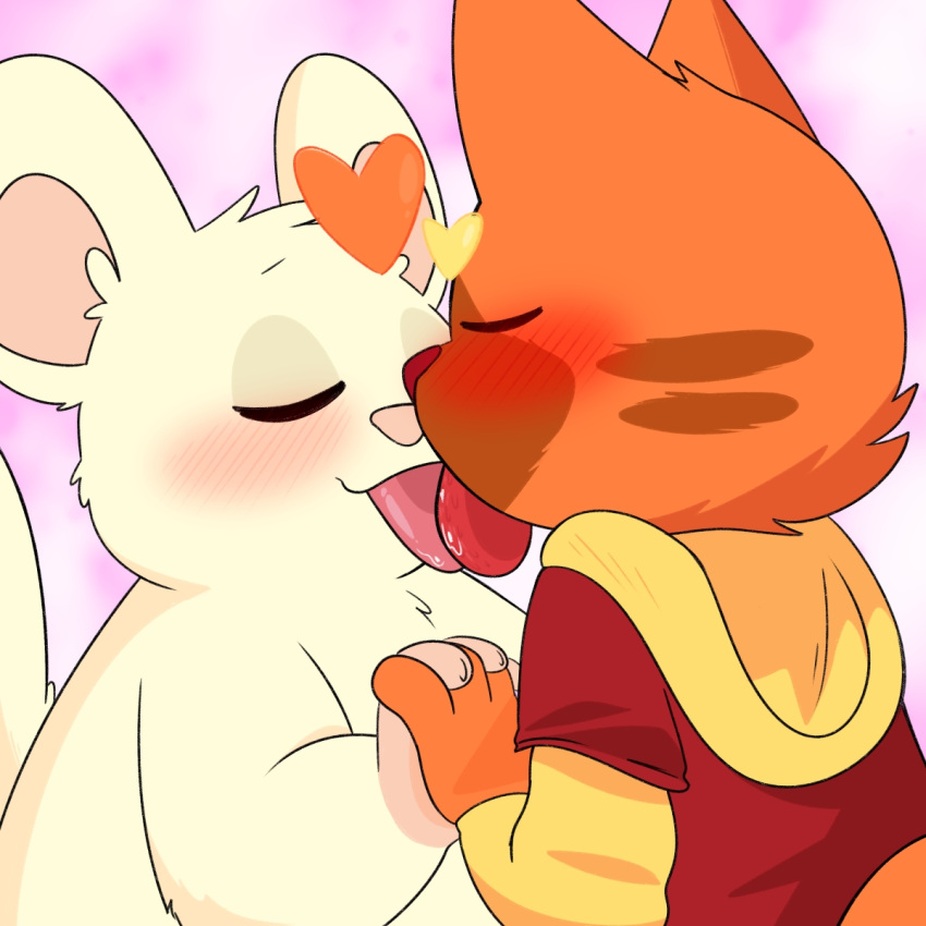 closed_eyes crushpepper domestic_cat felid feline felis french_kissing fur hand_holding hearts_around_head hi_res kissing male male/male mammal orange_body orange_fur oxnard oxynard pepper_(crushpepper) red_eyes tagme tongue