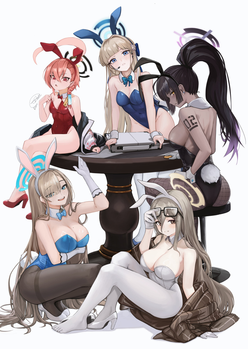 5girls absurdres akane_(blue_archive) akane_(bunny)_(blue_archive) animal_ear_hairband animal_ears anizi arm_under_breasts artist_name asuna_(blue_archive) asuna_(bunny)_(blue_archive) backless_leotard bar_stool bare_shoulders black_hair black_hairband black_halo black_leotard blonde_hair blue_archive blue_bow blue_bowtie blue_eyes blue_hairband blue_halo blue_leotard blush bow bowtie braid breasts briefcase brown_eyes brown_pantyhose cleaning_&_clearing_(blue_archive) cleavage closed_mouth clothes_down coin commentary covered_navel dark-skinned_female dark_skin detached_collar ear_piercing english_commentary eyewear_lift fake_animal_ears fake_tail fishnet_pantyhose fishnets glasses gloves gradient_hair hair_over_one_eye hairband halo hand_up headset high_heels highleg highleg_leotard highres jacket karin_(blue_archive) karin_(bunny)_(blue_archive) large_breasts leaning_forward leotard long_hair looking_at_viewer looking_to_the_side medium_breasts mole mole_on_breast multicolored_hair multiple_girls neru_(blue_archive) neru_(bunny)_(blue_archive) number_tattoo official_alternate_costume open_clothes open_jacket open_mouth orange_hair pantyhose parted_lips piercing playboy_bunny ponytail profile purple_hair purple_halo rabbit_ears rabbit_tail red_bow red_bowtie red_eyes red_footwear red_hairband red_leotard shoulder_tattoo side_braid simple_background single_braid sitting small_breasts smile squatting standing stool strapless strapless_leotard table tail tattoo teeth toki_(blue_archive) toki_(bunny)_(blue_archive) traditional_bowtie upper_teeth_only very_long_hair white_background white_footwear white_gloves white_hairband white_leotard white_pantyhose wooden_table wrist_cuffs yellow_eyes yellow_halo